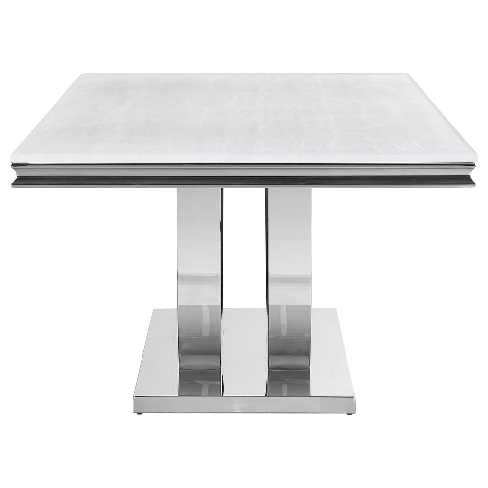 English Elm Allessandra Sleek White Faux Marble Dining Table with Beveled Edge and Chrome U-Shaped Base, 71" B062S00726