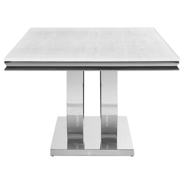 English Elm Allessandra Sleek White Faux Marble Dining Table with Beveled Edge and Chrome U-Shaped Base, 71" B062S00726