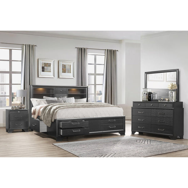 English Elm Civic King Platform Storage Bed Bookcase Headboard with Built-in Lighting Gray B201S00485