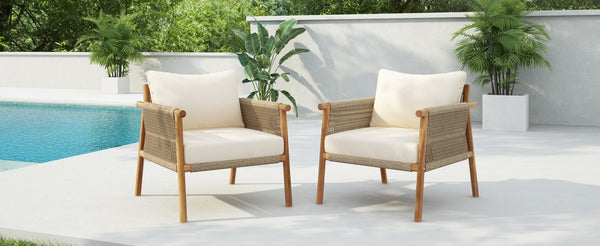 English Elm 28" Woven Outdoor Lounge Chair Solid Wood Frame Polyester Cushions Patio Garden N767P236617T