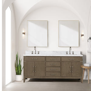 English Elm Grey Oak Double Bath Vanity With Carrara Marble Top & Gooseneck Faucet Set - Stylish Storage Solution! B2731P259896