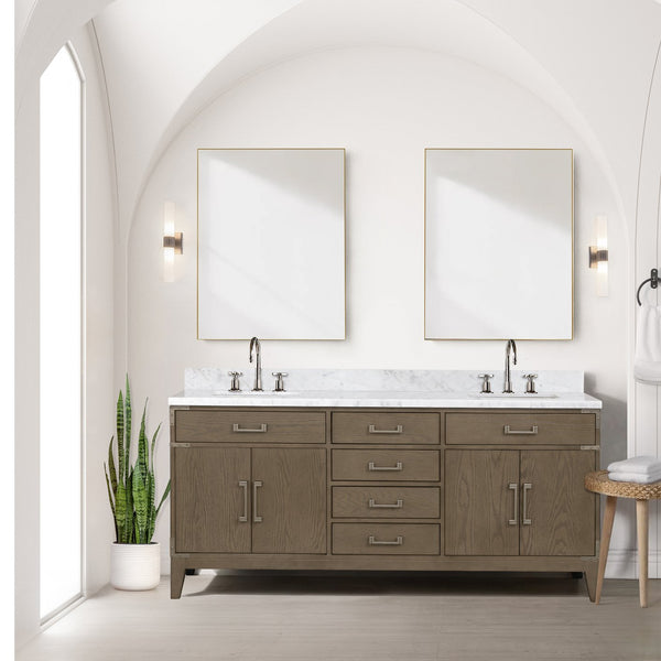 English Elm Grey Oak Double Bath Vanity With Carrara Marble Top & Gooseneck Faucet Set - Stylish Storage Solution! B2731P259896