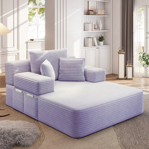 English Elm Luxurious Corduroy Frameless Chaise Sofa Bed with Spring Cushion and Storage Pocket Purple W3219P496264