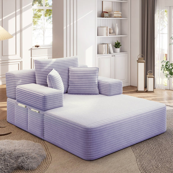English Elm Luxurious Corduroy Frameless Chaise Sofa Bed with Spring Cushion and Storage Pocket Purple W3219P496264