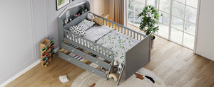 English Elm Twin Bed Frame with Storage Drawers and House Headboard, Kids Platform Bed with Guardrail Ladder and Shelf Gray 49.3 L x 16.25 W x 7.75 H N733S278032E