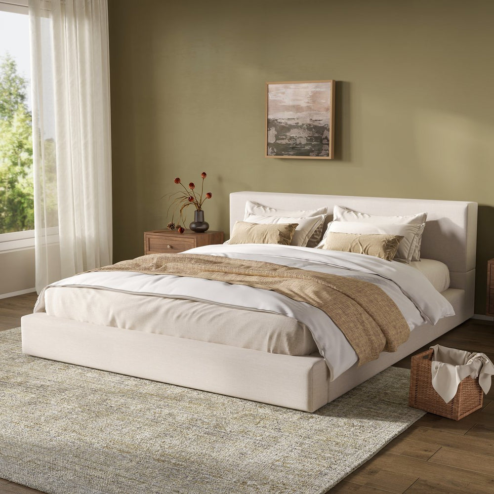English Elm King Linen Upholstered Bed Frame with Thick Padded Headboard and Solid Wood Legs N757K404834I
