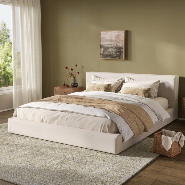 English Elm King Linen Upholstered Bed Frame with Thick Padded Headboard and Solid Wood Legs N757K404834I
