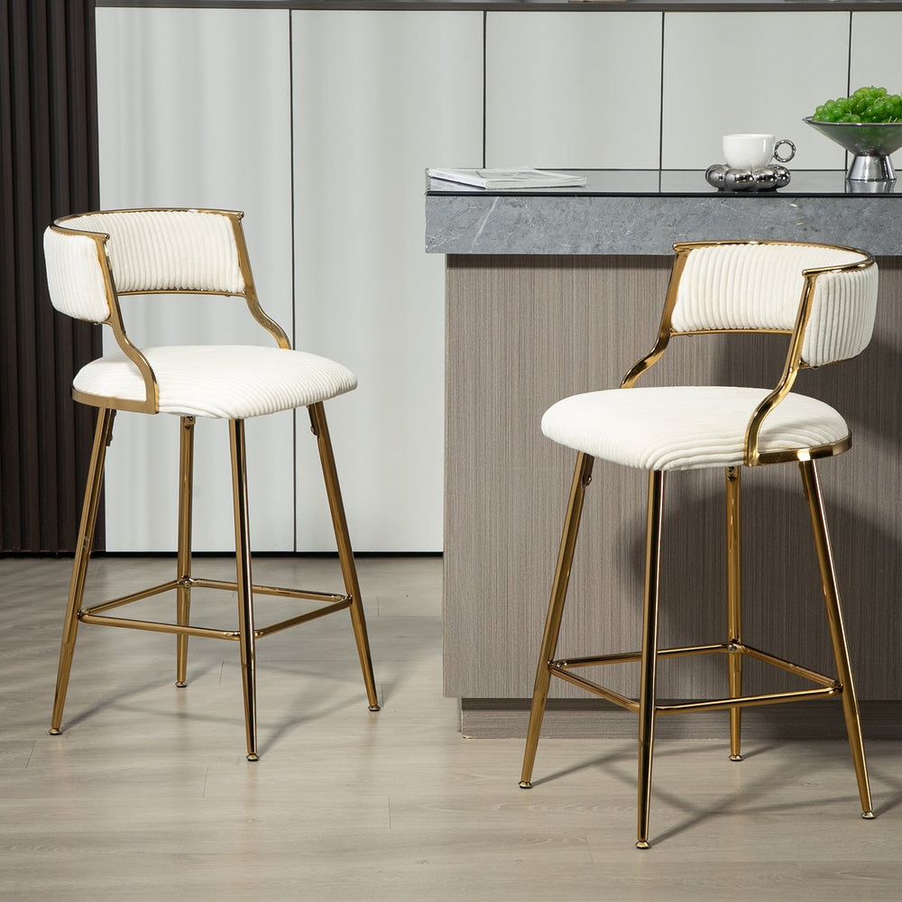 English Elm (SET of 2) 26" Counter Bar Stools Corduroy Beige with Backrest, Gold Chrome Base & Footrest, Plush Seat W2215P195291