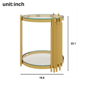 English Elm Modern Round Mirrored Glass End Table with Gold Metal Frame and Lower Display Shelf Transparent N735P380092K