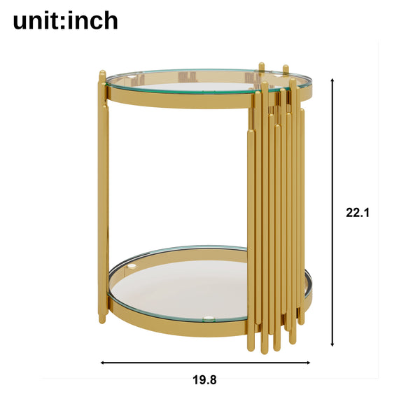 English Elm Modern Round Mirrored Glass End Table with Gold Metal Frame and Lower Display Shelf Transparent N735P380092K