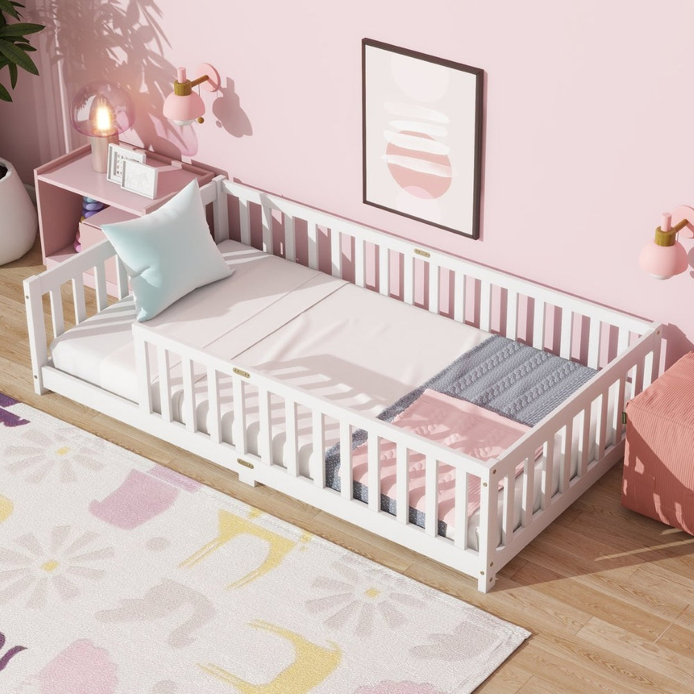 English Elm Twin Size Floor Bed With Safety Guardrails - Durable Rubberwood, Minimalist White Design For Kids W504P286396-GIGA