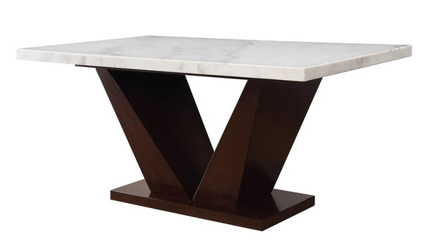 English Elm Forbes White Marble Top Dining Table with 2" Real Marble, Walnut V-Shape Base, Rectangular Leg Design B2726S00377