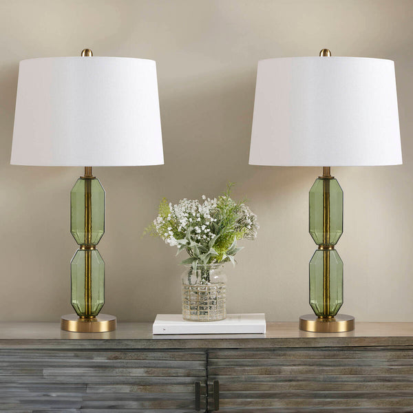 English Elm Faceted Glass Table Lamp with Gold Accents, Sculpted Faceted Base, 26.5"H Statement Lighting Green 17.25 L x 16 W x 16 H B035P264525