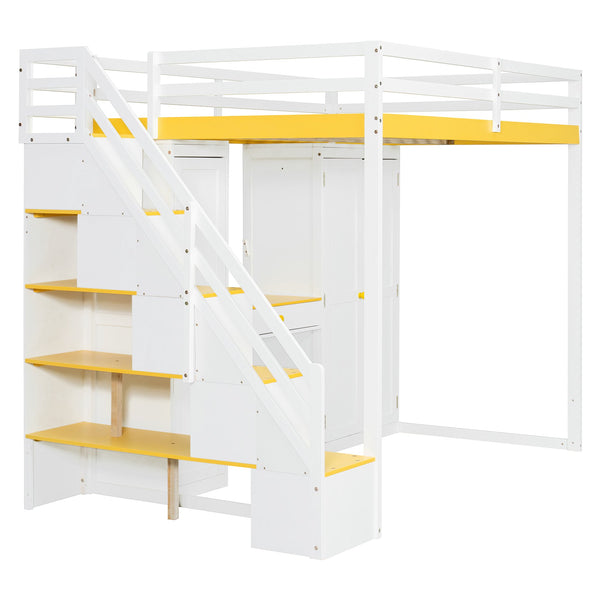 English Elm Full Size Teen Loft Bed with Staircase Shelves Wardrobe Vanity and Led Lighting LT000276AAL