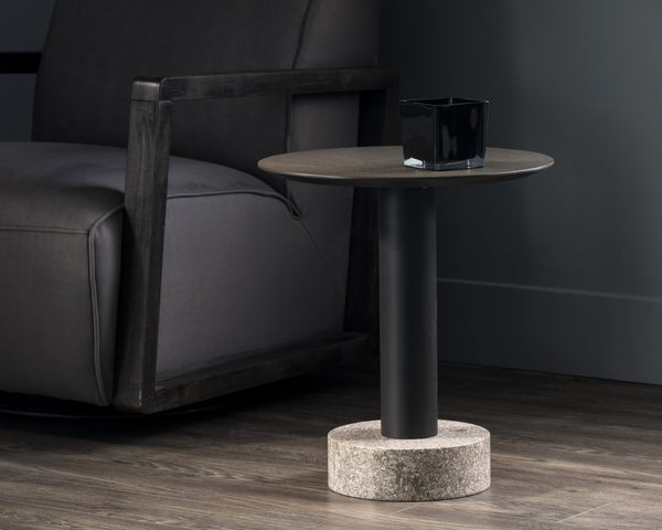 Sunpan Monaco End Table: Modern Elegance with Unique Marble Design and Durable Iron Base for Any Room Black / Grey Marble / Raw Umber