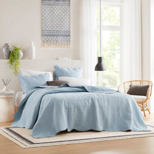 JLA Home Madison Park - 3 Reversible Scalloped Edge Quilt Set with Microfiber Face, Cotton Fill, Antimicrobial Freshness, Machine Washable Blue MP13-8246