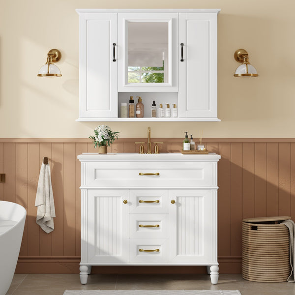 English Elm 36" Freestanding Single Sink Bathroom Vanity Rubberwood Cabinet with Matching Mirror White N725S314034K