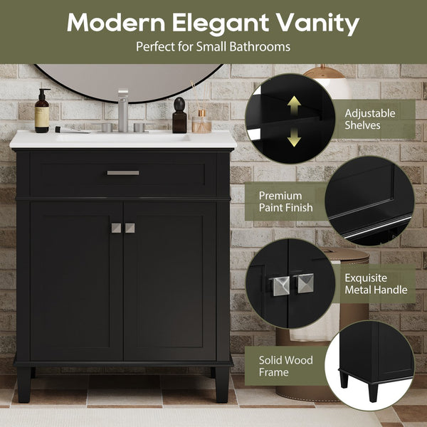 English Elm 30-inch bathroom vanity with ceramic basin, solid wood frame, soft-close doors and adjustable shelves for organized style and lasting durability Black N729P173380B