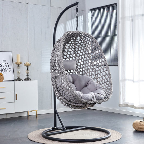 English Elm Egg Swing Chair Woven Rattan Basket Seat with Stand Cushion for Patio Bedroom W1512P498597