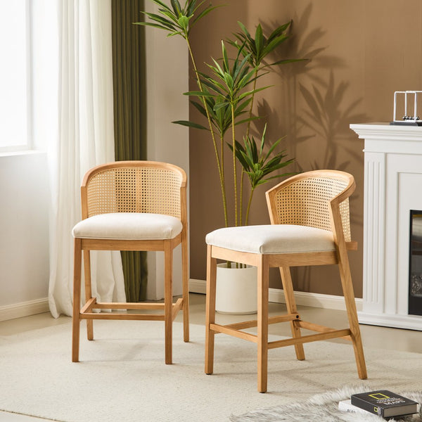English Elm Christopher Knight Home® - Tatti Plush Padded Counter Stool Set of 2 with Rattan-Accented Curved Back and Wood Frame, Cozy Beige,Natural N775P271407N