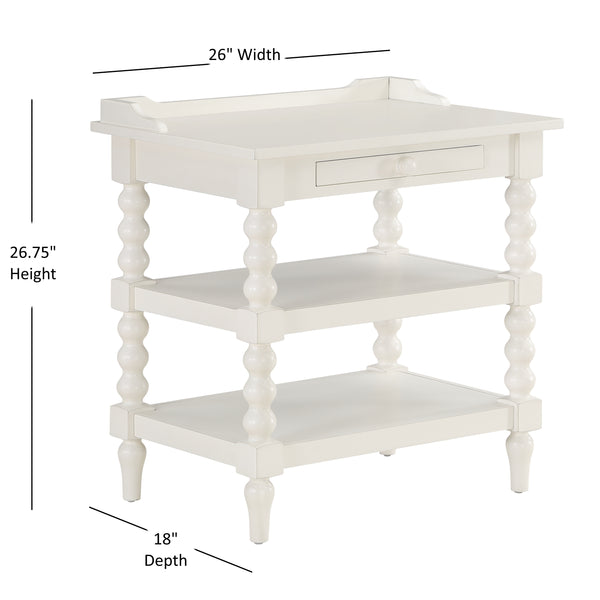 English Elm Aria Antique White Nightstand with Pull-Out Tray, Two Shelves & Spool Turned Legs — Vintage Chic B050P376971