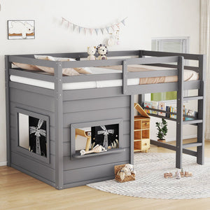 English Elm Twin Loft Bed House Frame with Sliding Chalkboard Built-in Bookshelf and Safety Rails Gray W1580S00320