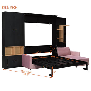 English Elm Queen Murphy Wall Bed with Velvet Sofa Built in Shelves Cabinets and Reading Lights Black LP000393AAB