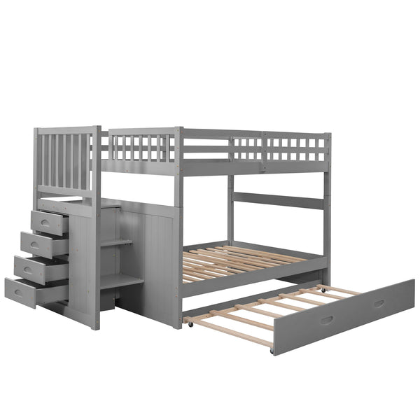 English Elm Full Over Staircase Bunk Bed with Twin Trundle and Built-in Storage Drawers LT000126AAE-2