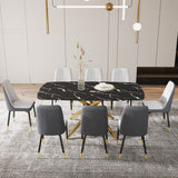 Hearth and Haven Large Modern Minimalist Rectangular Dining Table with 0.39 "Imitation Marble Black Tabletop and Golden Metal Legs, Paired with Chairs with Leatherette Cushions and Black Metal Legs. F-1537 C-007 W1151S00881 W1151S00881