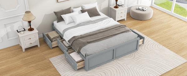 English Elm Wood Queen Platform Bed Solid Pine Frame Six Storage Drawers No Box Spring Needed Gray N709P241723E-1