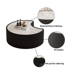 English Elm Light Sintered Stone Organic Sculptural Coffee Table with Leather Base for Living Room Black W3081P411157