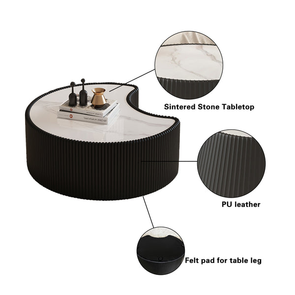 English Elm Light Sintered Stone Organic Sculptural Coffee Table with Leather Base for Living Room Black W3081P411157
