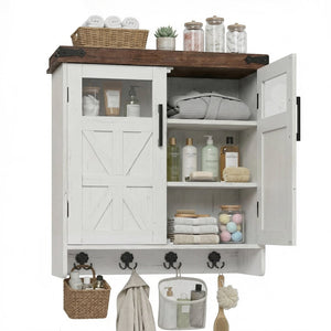 English Elm Bathroom Wall Cabinet Over Toilet with Adjustable Shelves and Built in Towel Hook Brown+White T5831P488974