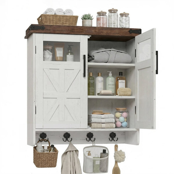 English Elm Bathroom Wall Cabinet Over Toilet with Adjustable Shelves and Built in Towel Hook Brown+White T5831P488974