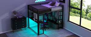 English Elm Full Metal Gaming Loft Bed with LED Lighting, Built-In Desk, Open Wardrobe and 3 Drawers for Space-Saving Comfort Black GX001133AAB