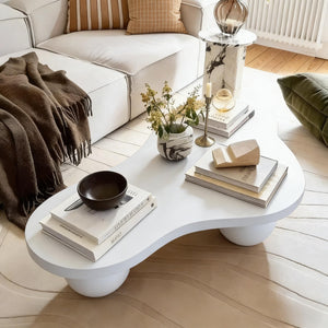 English Elm 46 Inch Cloud Shaped Coffee Table with Ash Veneer Top and Sculptural Sphere Legs White W3935S00007