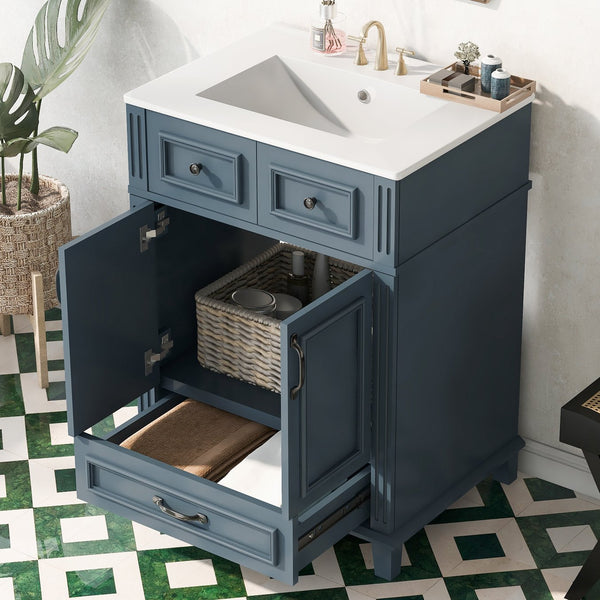 English Elm 24'' Retro Bathroom Vanity Solid Rubberwood Frame Ceramic Sink Soft Close Storage Blue N710P405405C