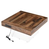 English Elm 31.4'' X 31.4'' Farmhouse Coffee Table With 2 Usb Ports and Outlets, Brown Spliced Wood Grain Center Table With Led Light, Rustic Cocktail Table With Charging Station For Living Room, White