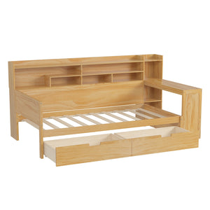 English Elm Wooden Twin Daybed with Built-In Desk, Side Shelves and Dual Drawers for Smart Space Saving Natural 54.9 L x 18.75 W x 5.6 H N733S241484M