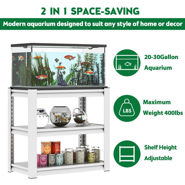 English Elm 20-30 Gallon Fish Tank Stand with Adjustable 3-Tier Metal Shelves, Heavy-Duty Stylish Rack for Home Office Antique White T2398P211228