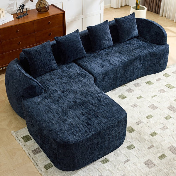 English Elm Beige Chenille L-shaped Sectional Sofa with Chaise Deep Seating and Curved Armrests Dark Blue W3612S00031