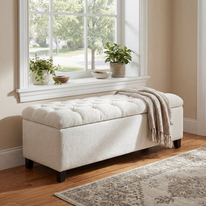 English Elm Ottoman Storage Bench Boucle Tufted Upholstered with Rubberwood Legs Bedroom Entryway N779P369512W