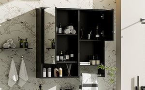 English Elm 29'' Modern Wall Mounted Medicine Cabinet with Mirror, Spacious Adjustable Shelves, Towel Bar and Durable MDF Finish Black N710P209440B