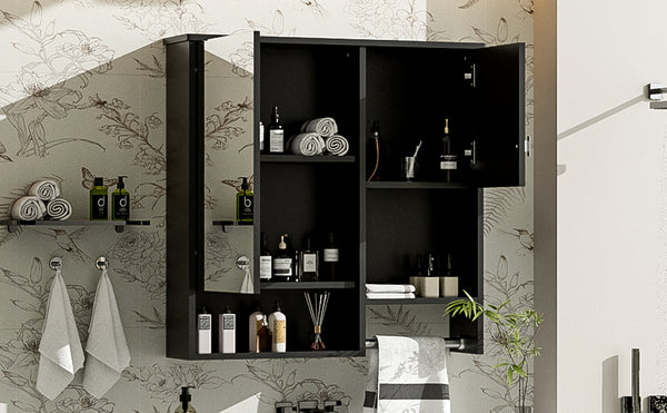 English Elm 29'' Modern Wall Mounted Medicine Cabinet with Mirror, Spacious Adjustable Shelves, Towel Bar and Durable MDF Finish Black N710P209440B