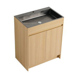 English Elm 28" Freestanding Bathroom Vanity with Gun-Gray Stainless Sink, Soft-Close Doors, Adjustable Shelves, Plywood Finish W999P376890