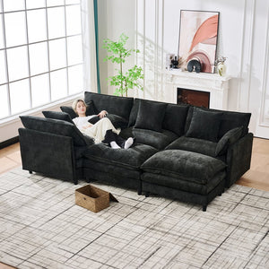 English Elm 140.9-inch U-shaped Modular Sectional Sofa with Ottomans Chenille Cloud Cushions Black W288S00030