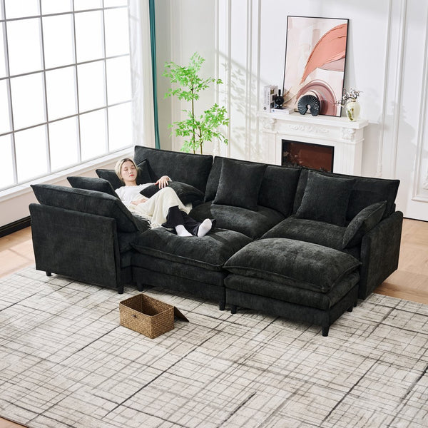 English Elm 140.9-inch U-shaped Modular Sectional Sofa with Ottomans Chenille Cloud Cushions Black W288S00030