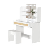 English Elm Vanity Desk Set Stool & Dressing Table With Led Lighting Mirror Drawer and Compartments Modern Wood Cosmetic Table Chest Of Drawers White Color