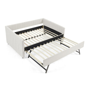 English Elm Full Size Daybed With Trundle, Elegant Beige Linen Sofa Bed, Vertical Stripes, Perfect For Guests! W1413S00091