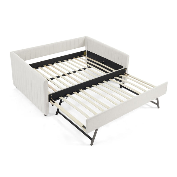 English Elm Full Size Daybed With Trundle, Elegant Beige Linen Sofa Bed, Vertical Stripes, Perfect For Guests! W1413S00091